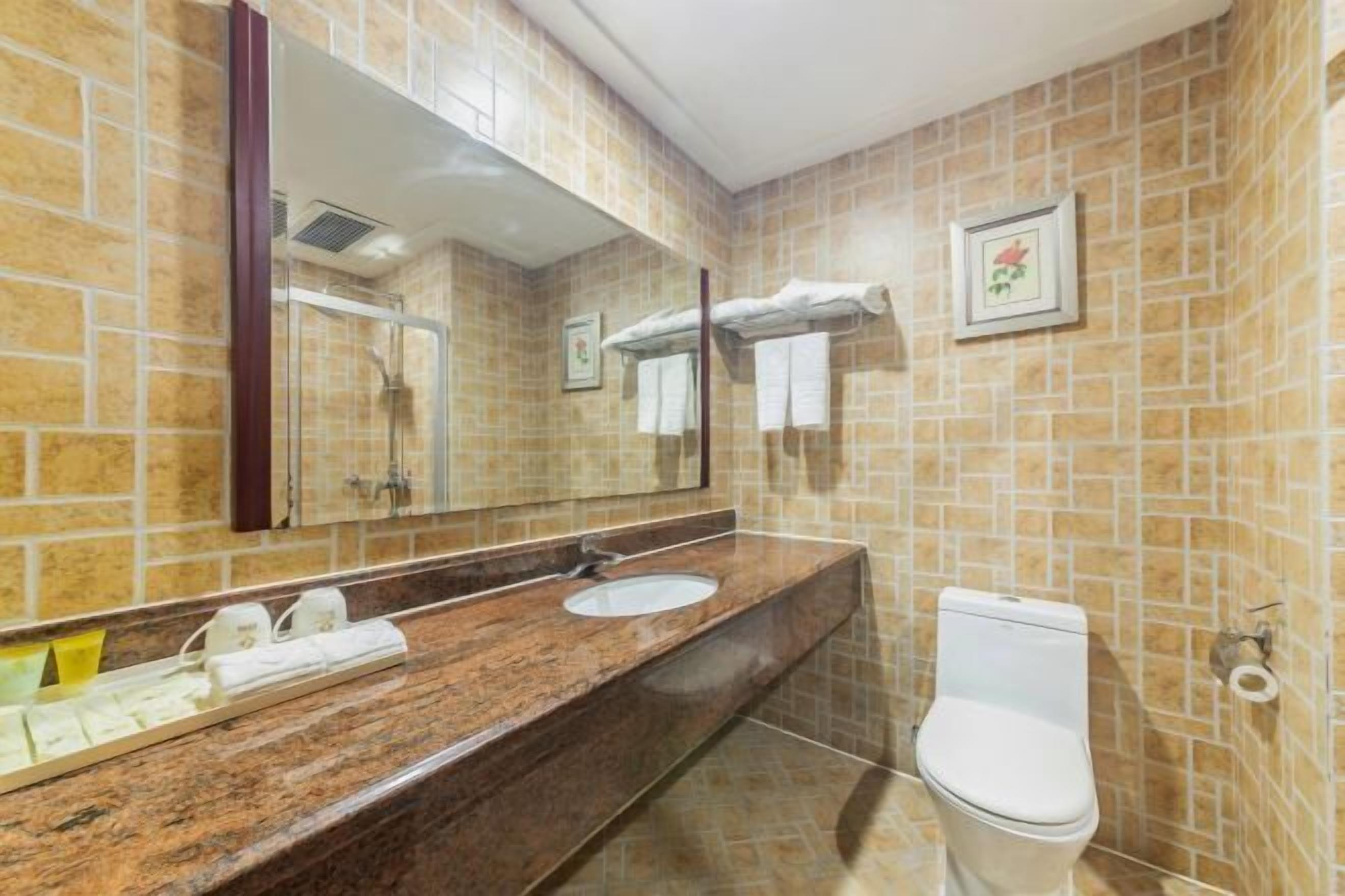 A bathroom with a marble sink, a toilet, a mirror, and tiled walls.