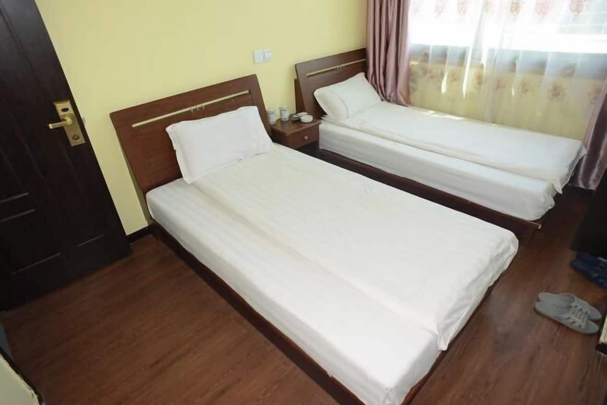 Two single beds with wooden headboards, a wooden floor, a door, and a window with curtains.