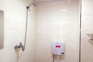 A shower with a handheld showerhead and a wall-mounted hand dryer. - Bingyugou Jiahua Business Hotel (Zhuanghe)