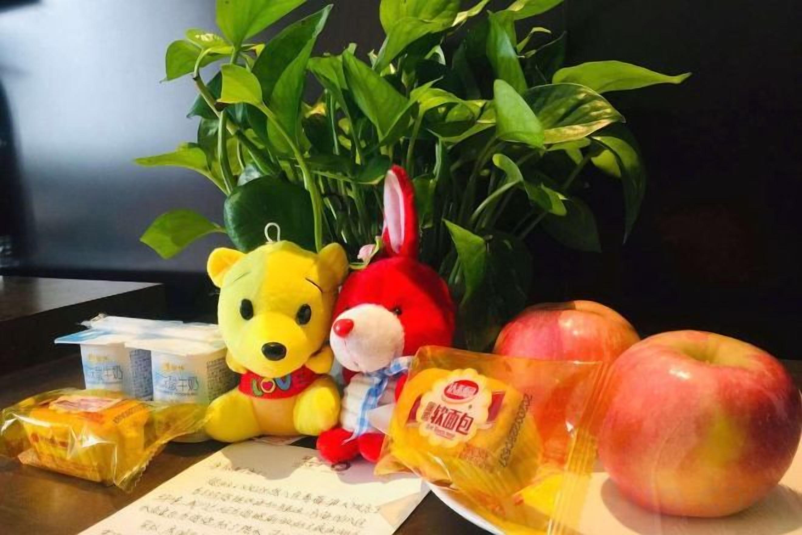 A table with a teddy bear, a stuffed rabbit, a plant, and packaged food items.