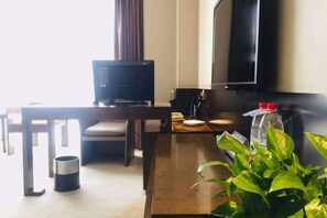 Een hotelkamer met een televisie, een bureau, een stoel, een plant en een waterfles.