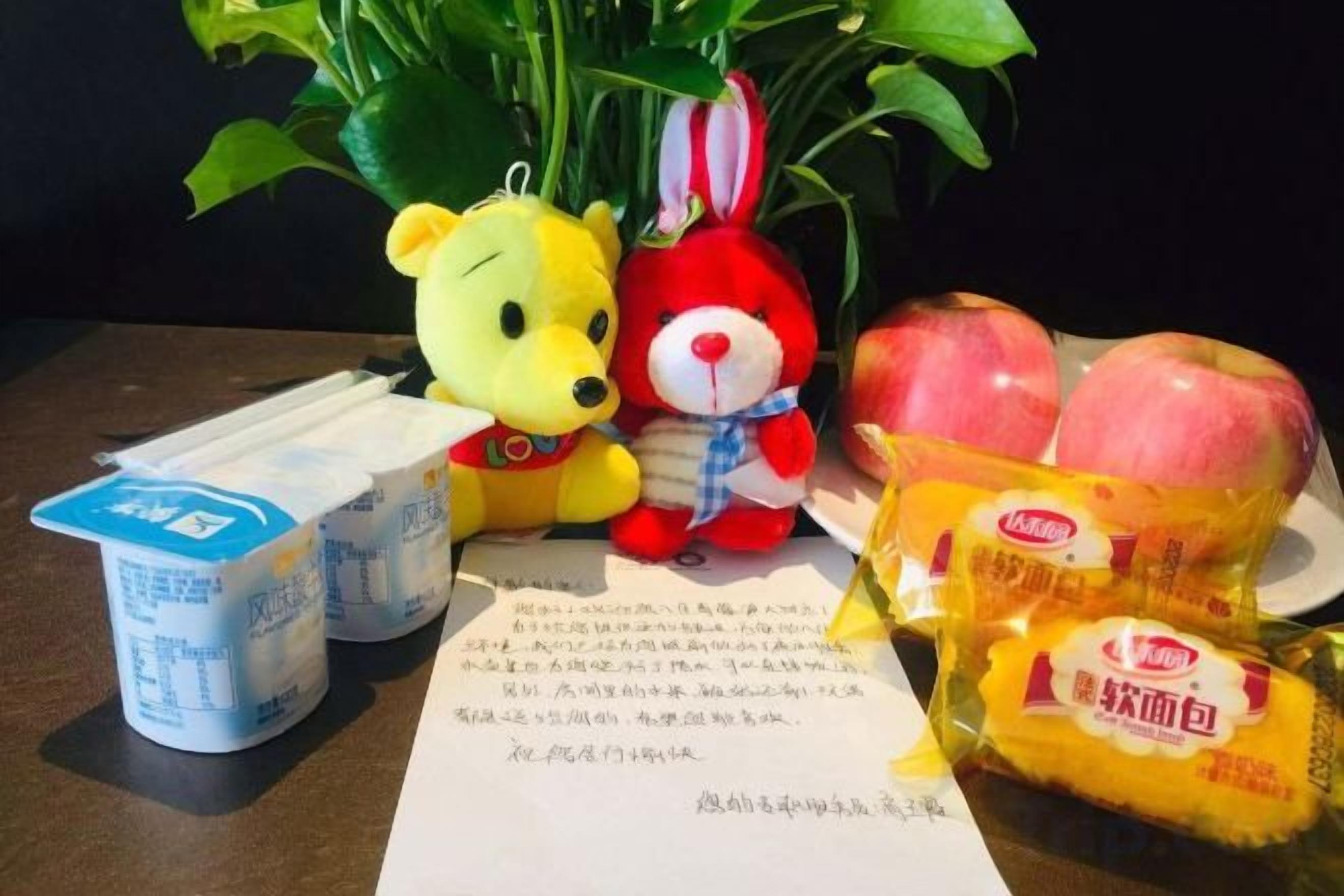 A table with a teddy bear, a red and white stuffed rabbit, a plant, and some packaged food items.
