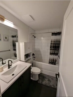 Secador de cabelo, toalhas de banho, sabonete, shampoo