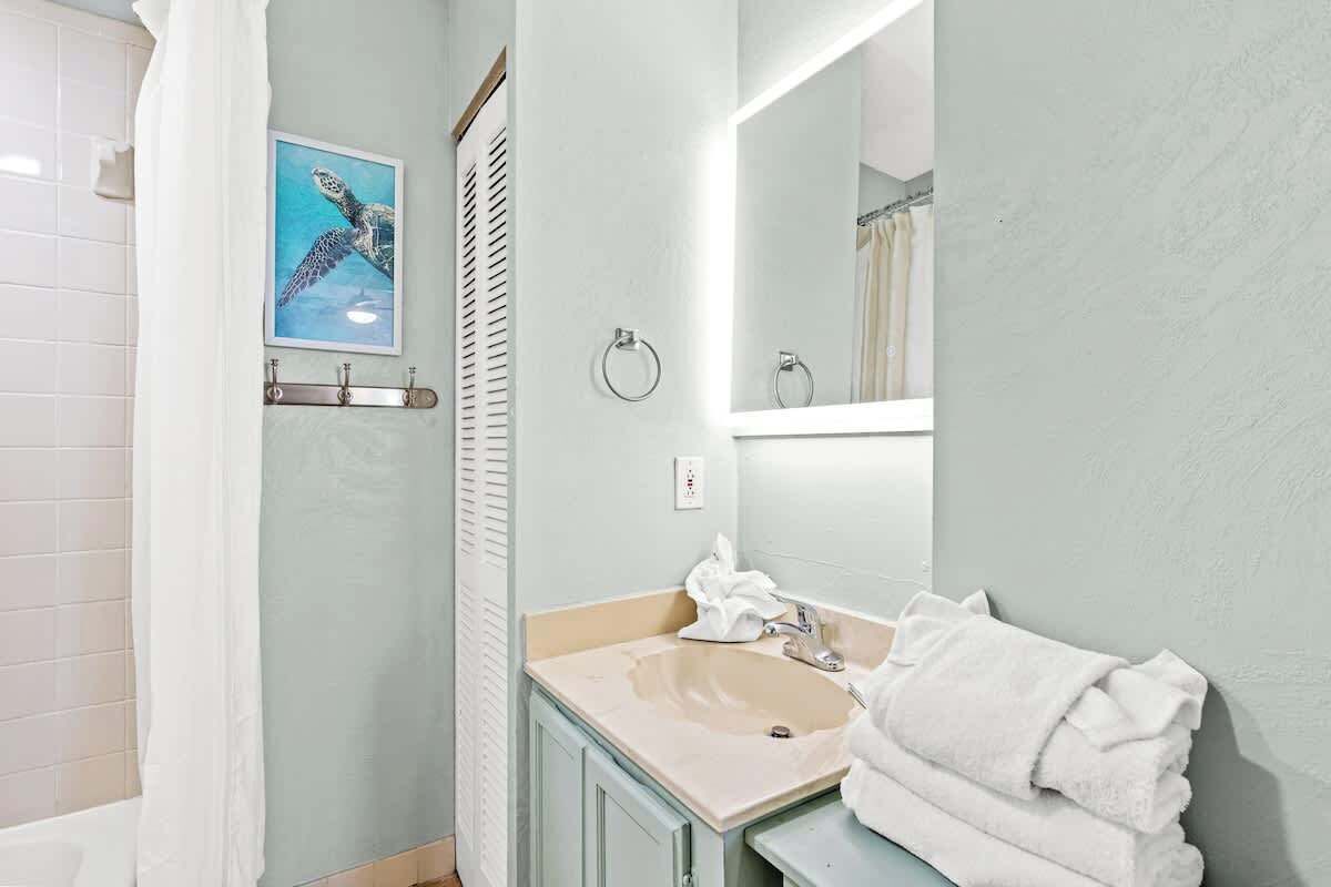 Een badkamer met een lichtblauwe wand, een beige wastafel, een witte handdoek en een lijst met een afbeelding van een zeeschildpad.