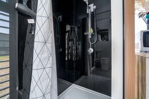 Shower, hair dryer, towels