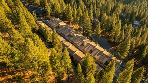 Vista aérea de una zona residencial con varias casas rodeadas de un bosque denso.
