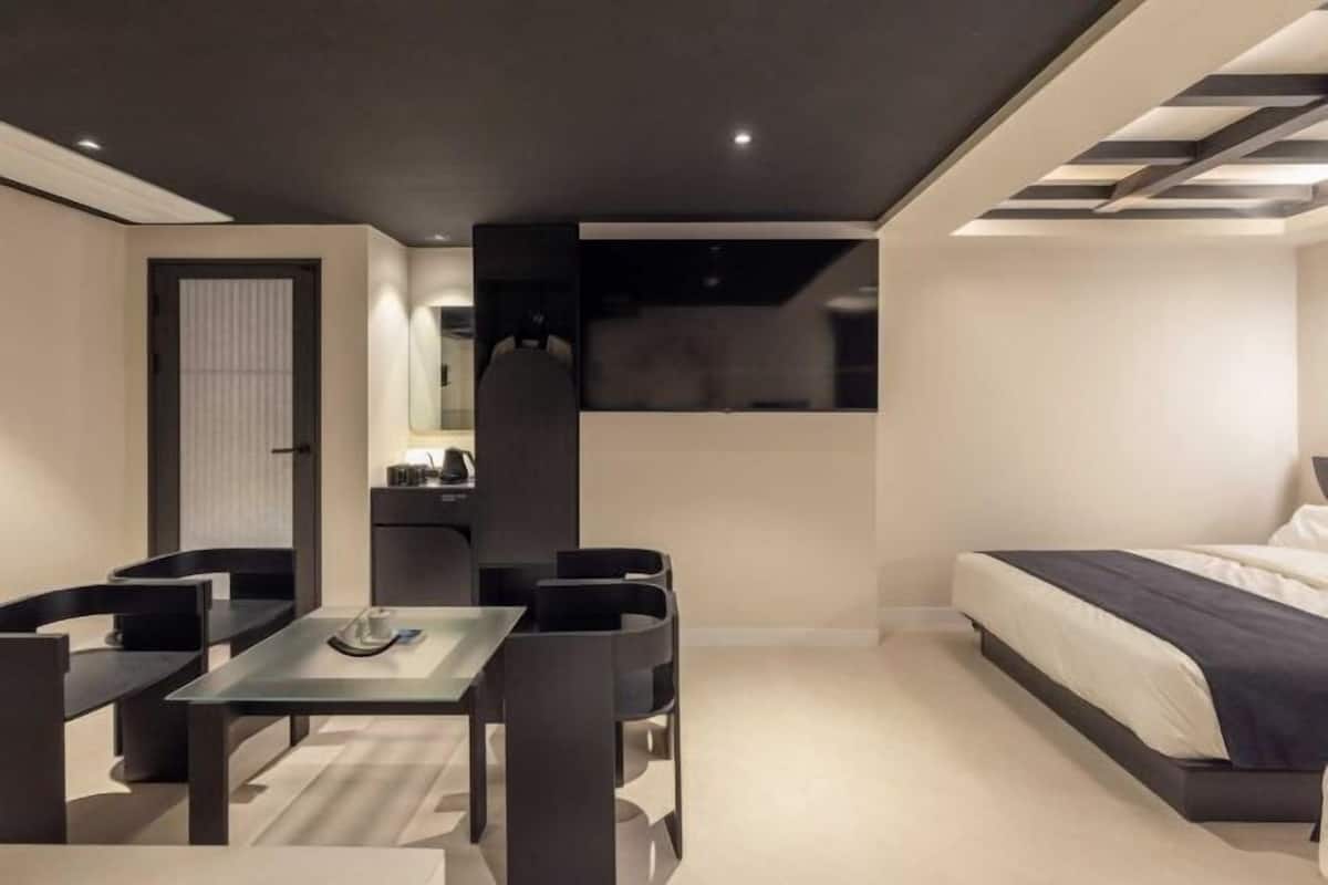 Individually decorated, desk, laptop workspace, blackout curtains