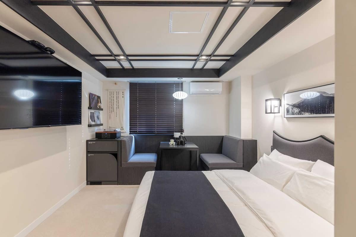 Individually decorated, desk, laptop workspace, blackout drapes