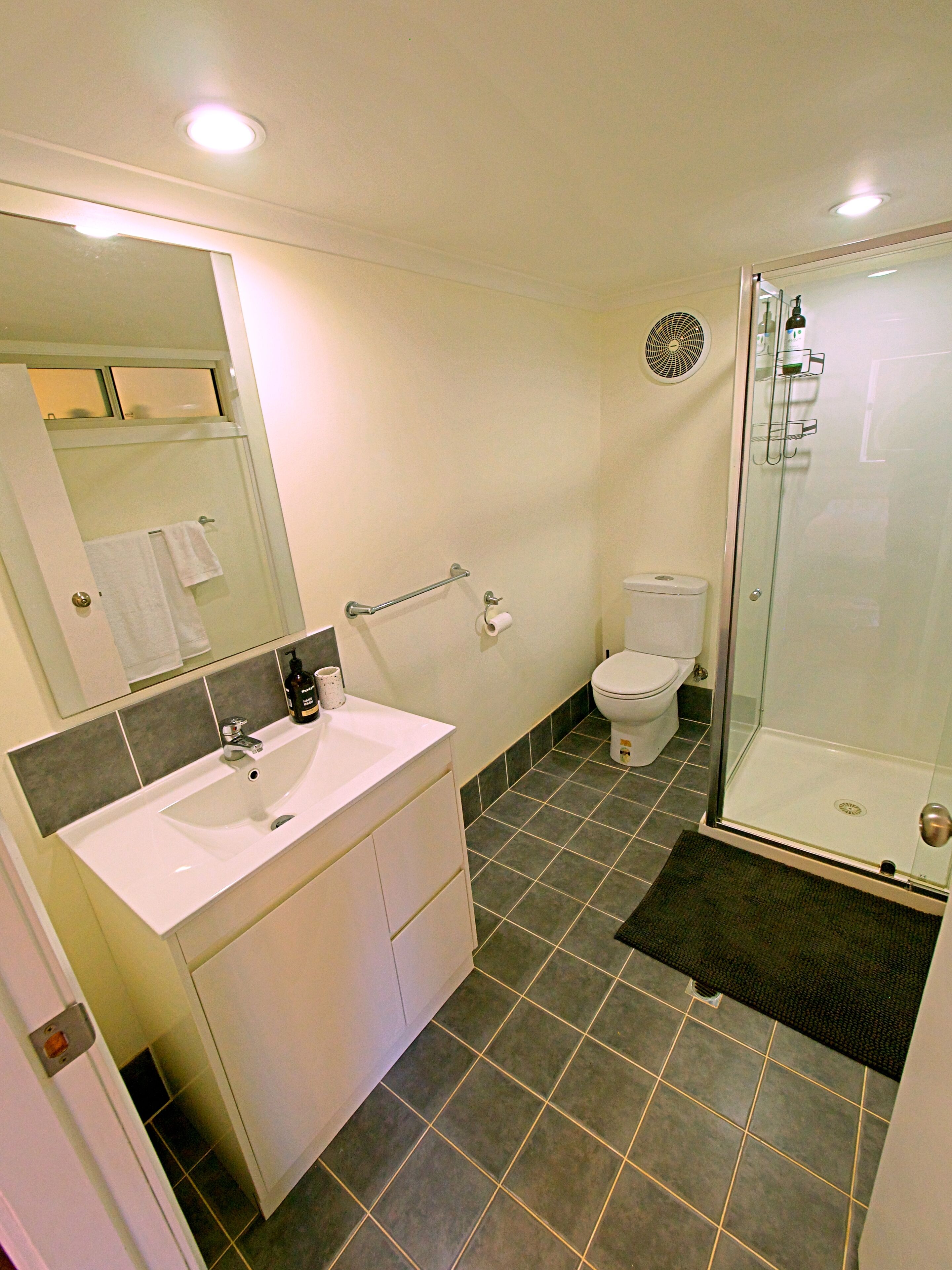 Regadera, secadora de cabello, toallas, jabón 