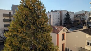 A residential building with a sloped roof, a small balcony, and a window with a metal awning. - L'appart le 19, 2 bedrooms, near center, cathedral view (Clermont-Ferrand)