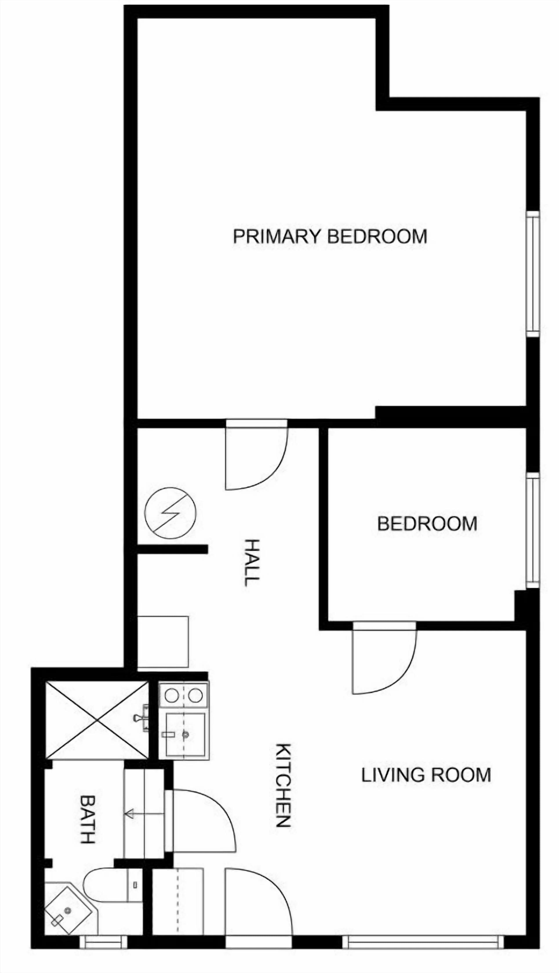 Plànol d'una casa que mostra un dormitori principal, un dormitori secundari, saló, cuina, bany i un vestíbul.