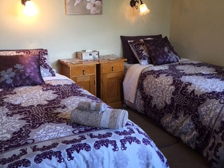 A bedroom with two beds, each with patterned bedding and pillows, a nightstand with a lamp, and a wall-mounted light fixture.