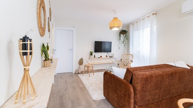 A modern living room with a brown sofa, a wooden coffee table, a TV, and a hanging plant.
