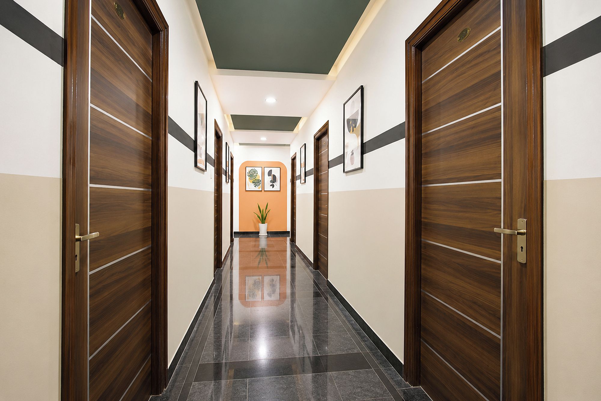 A hallway with wooden doors, framed artwork on the walls, and a potted plant.