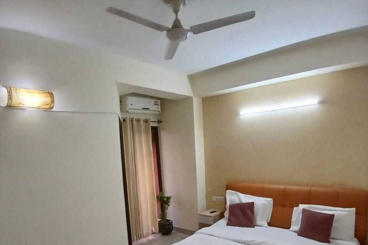 A hotel room with a bed, a ceiling fan, a red rug, and a nightstand.