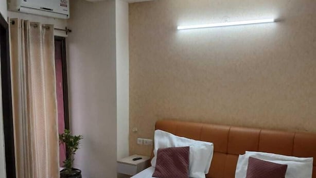 A hotel room with a large bed, a nightstand, an air conditioning unit, and a potted plant. - Shree Krishna Valley (Vrindavan)