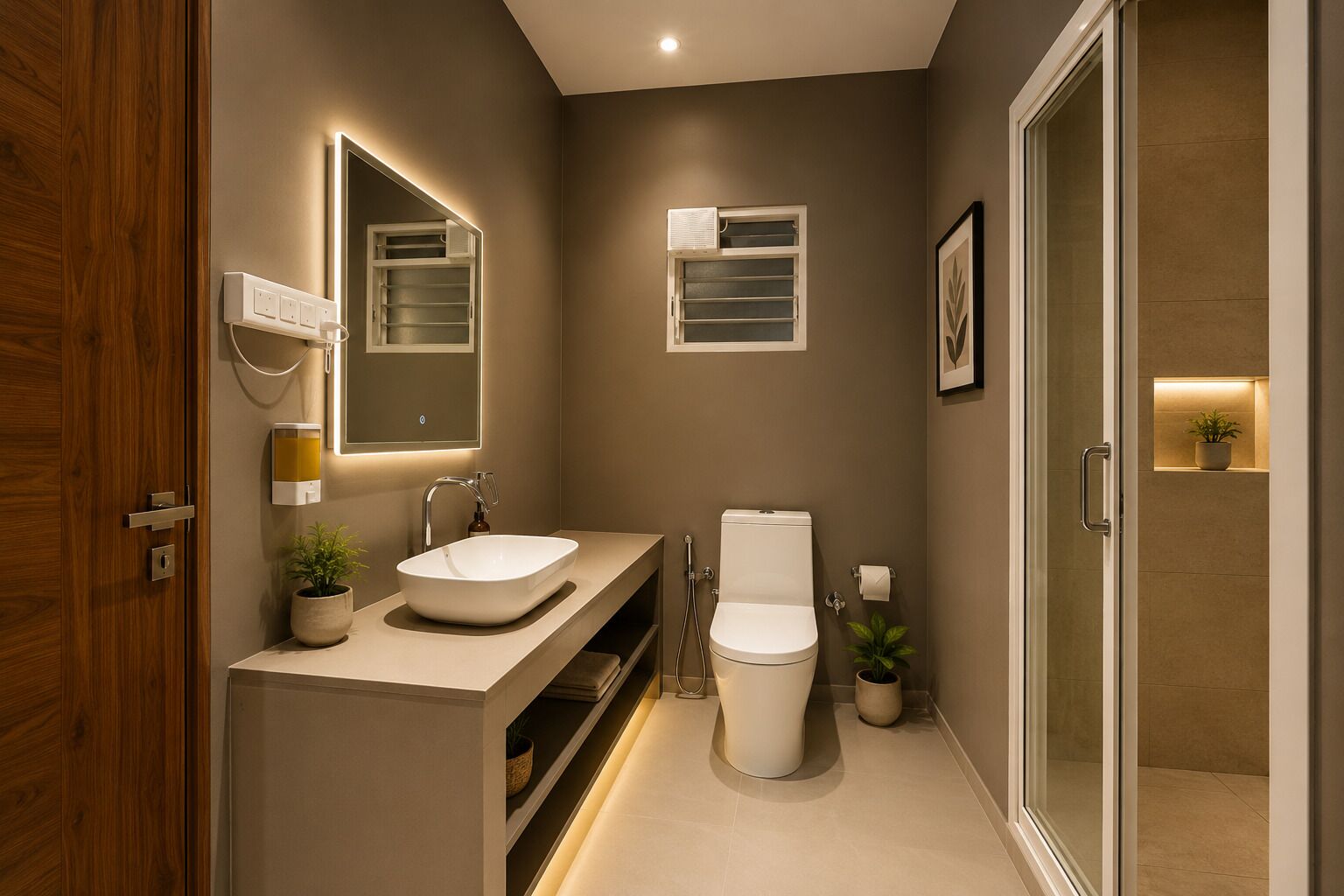 A modern bathroom with a sink, toilet, and shower.