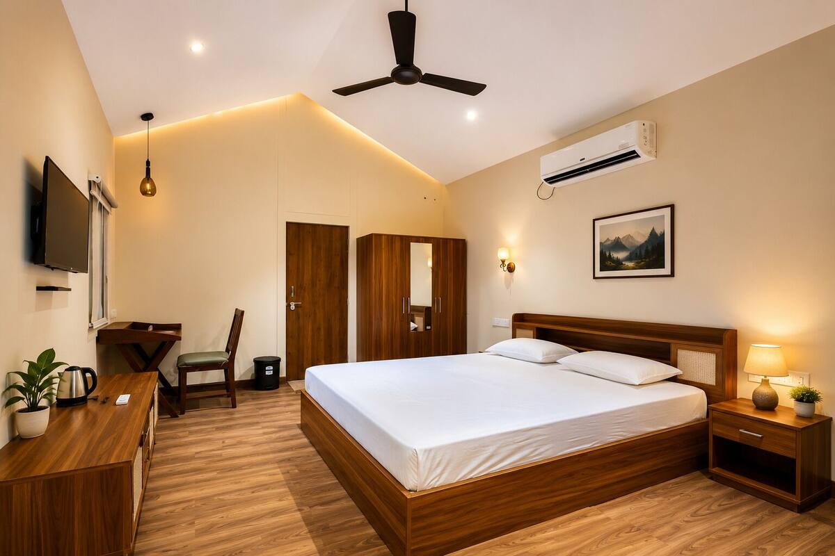 A hotel room with a bed, desk, chair, TV, and an air conditioning unit.