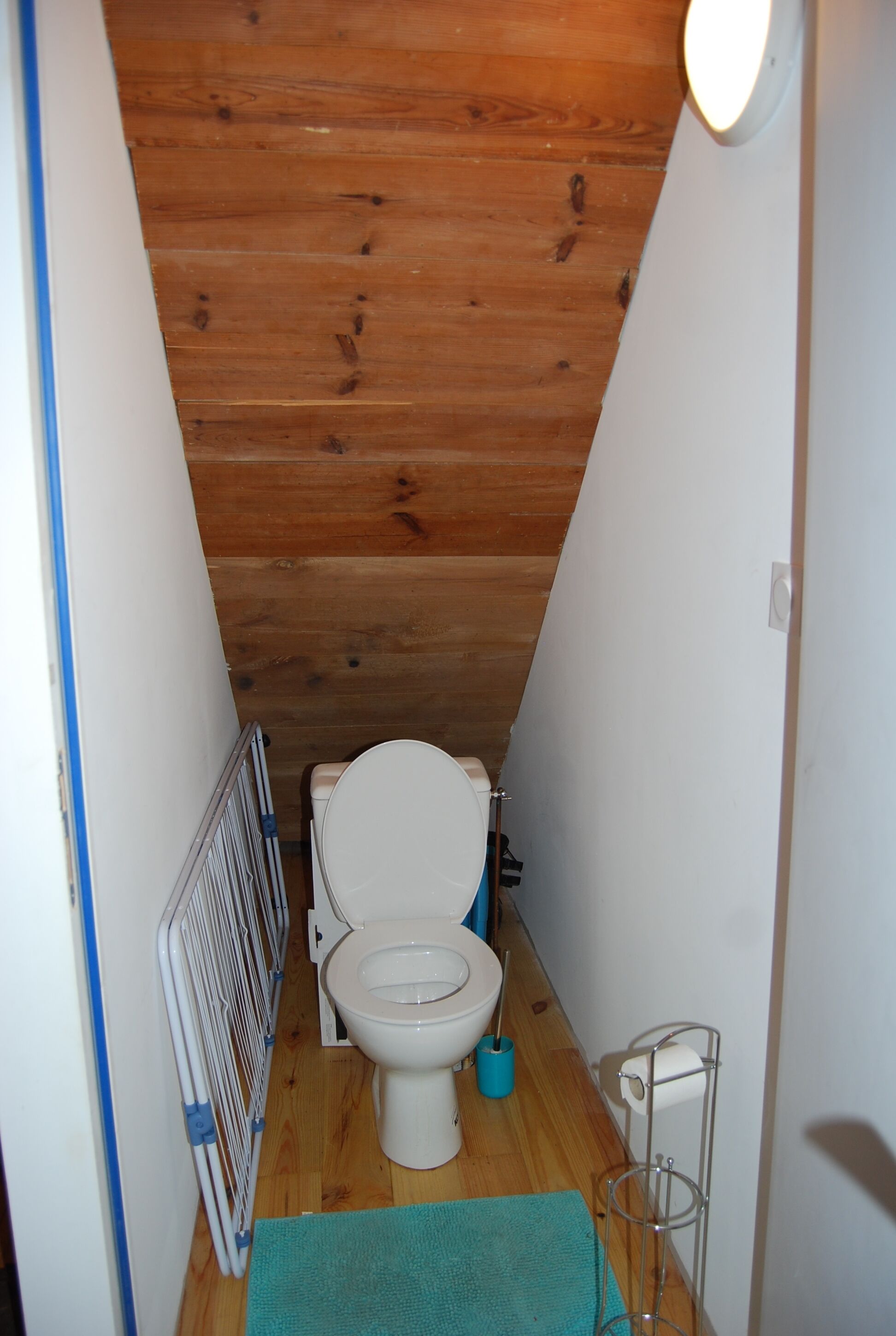A narrow bathroom with a wooden ceiling, a white toilet, a blue bath mat, and a metal towel rack.
