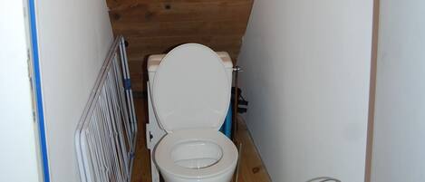 A narrow bathroom with a wooden ceiling, a white toilet, a blue bath mat, and a metal towel rack.