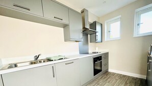 A modern kitchen with grey cabinets, a stainless steel sink, a built-in oven, and a window with blinds. - 25A Moonstone House in Thetford (Thetford)