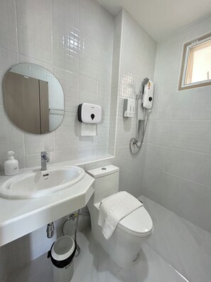 Een douche, een haardroger, handdoeken, zeep