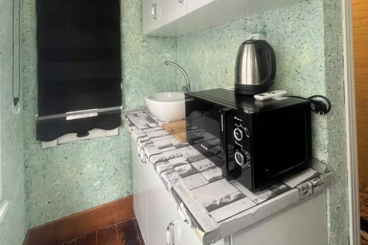 Economy kamer | Privékeuken | Een mini-koelkast, een magnetron, een kookplaat