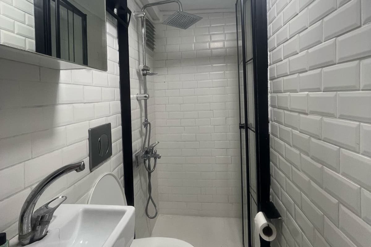 Shower, free toiletries, hair dryer, slippers