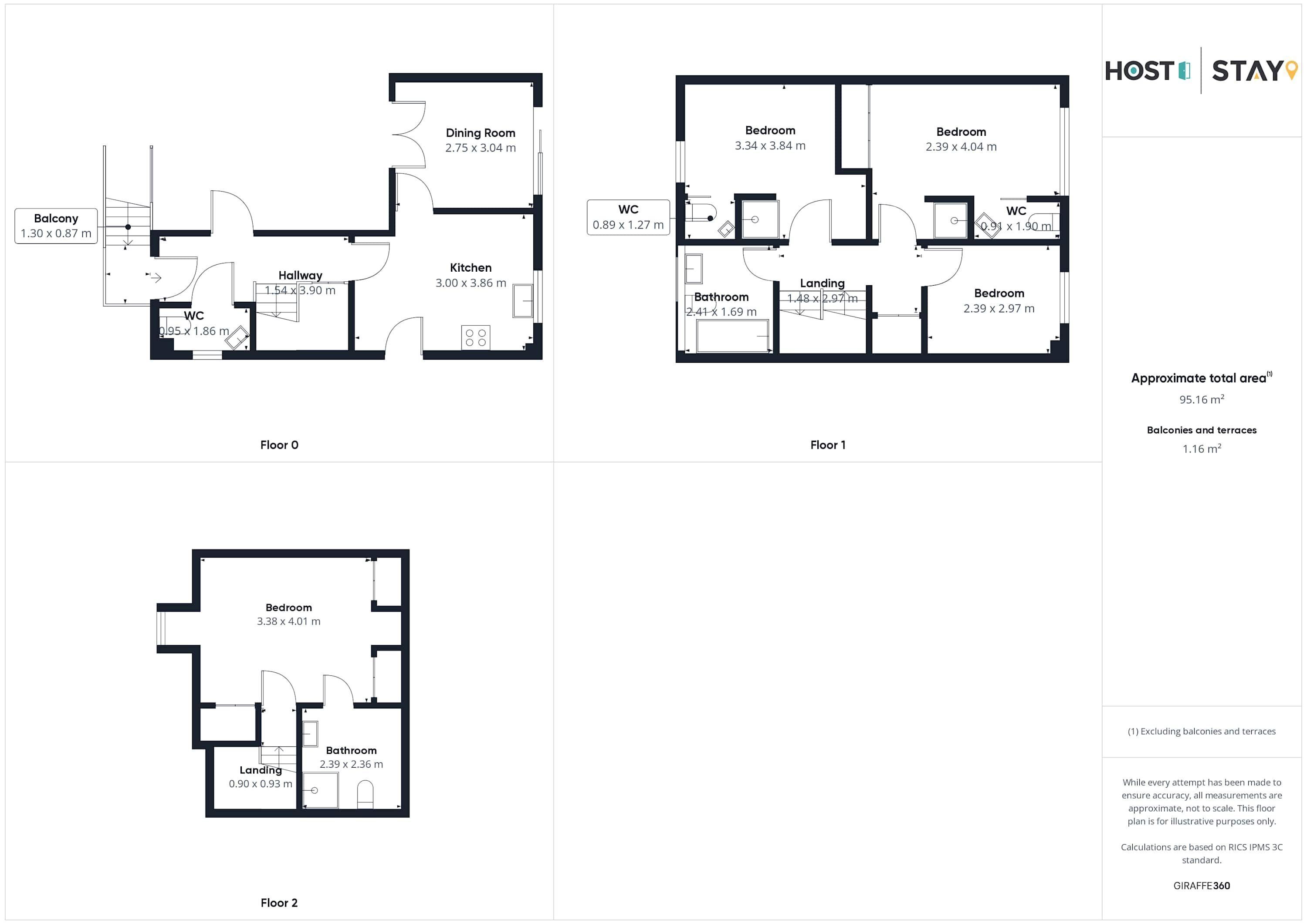 Plans d’étage pour un hôtel comprenant deux chambres, une salle à manger, une cuisine et une salle de bain.