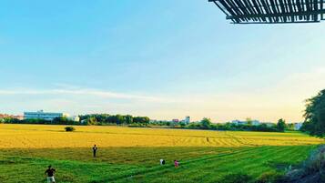 A rural landscape with a field, a few people, and a building in the background.