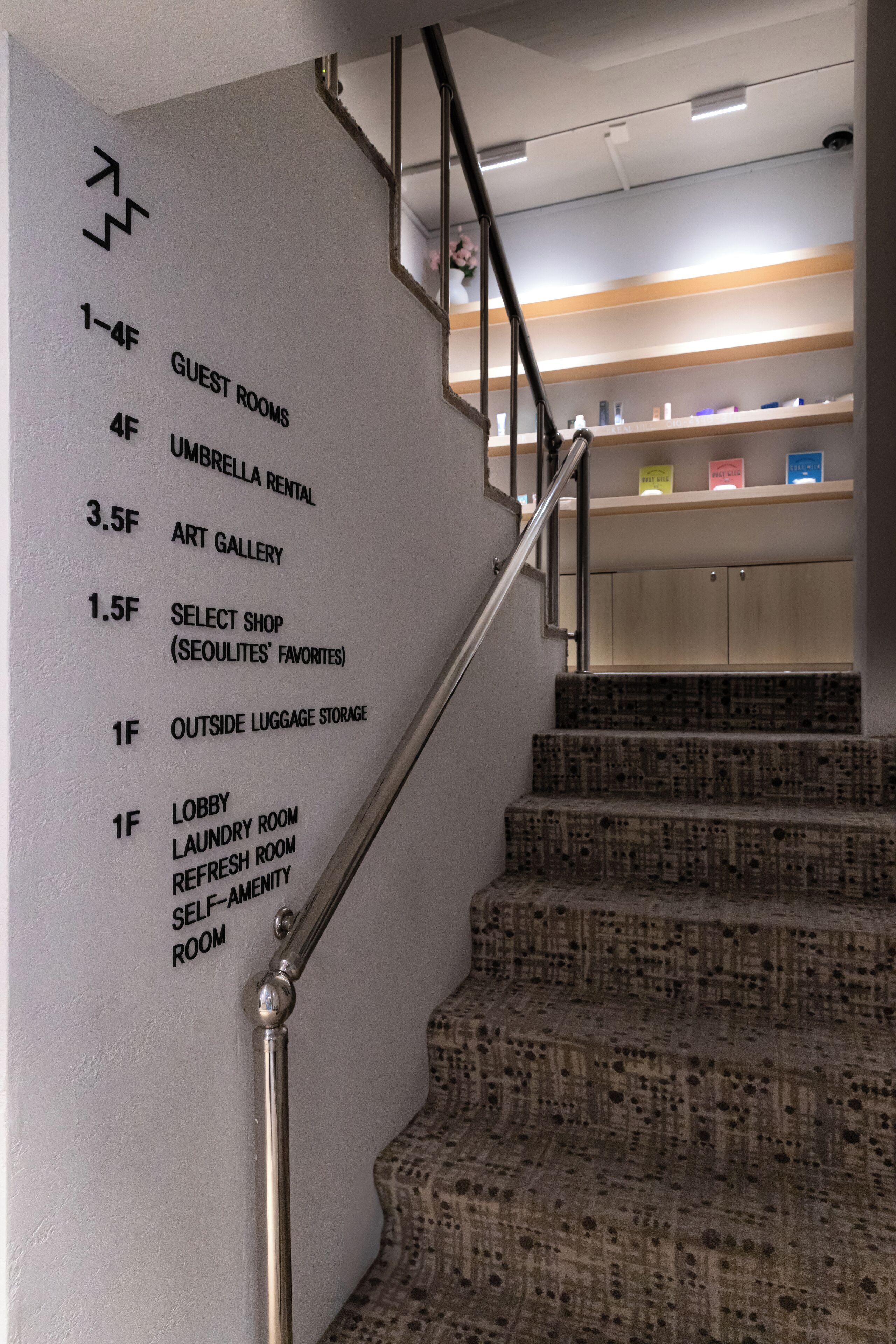 Eine Treppe mit Handlauf und einer Wand, auf der die Etagen und Annehmlichkeiten der Gästezimmer aufgeführt sind.
