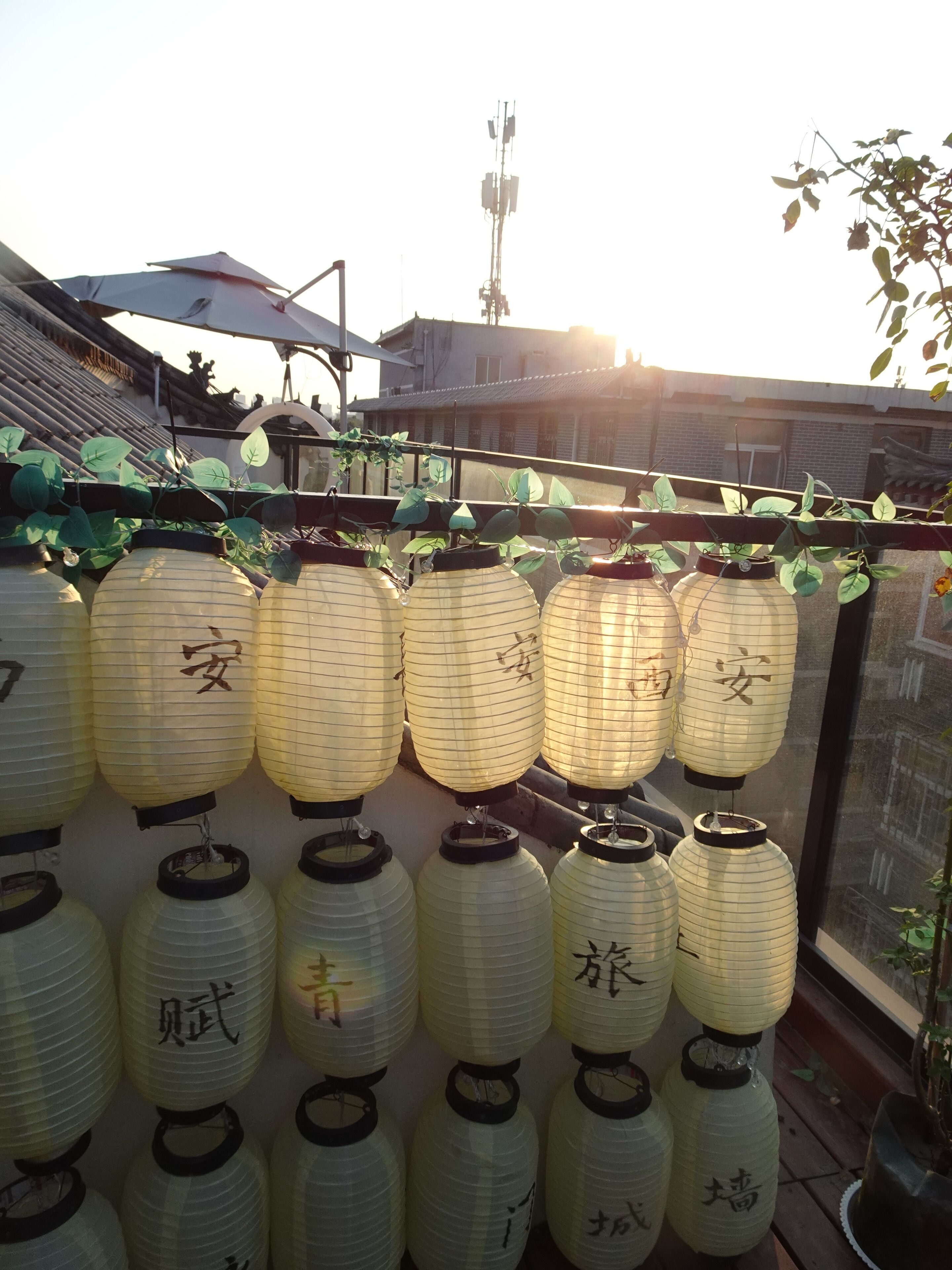 A row of traditional Japanese paper lanterns with Chinese characters, arranged on a balcony with a view of buildings and a communication tower in the background.