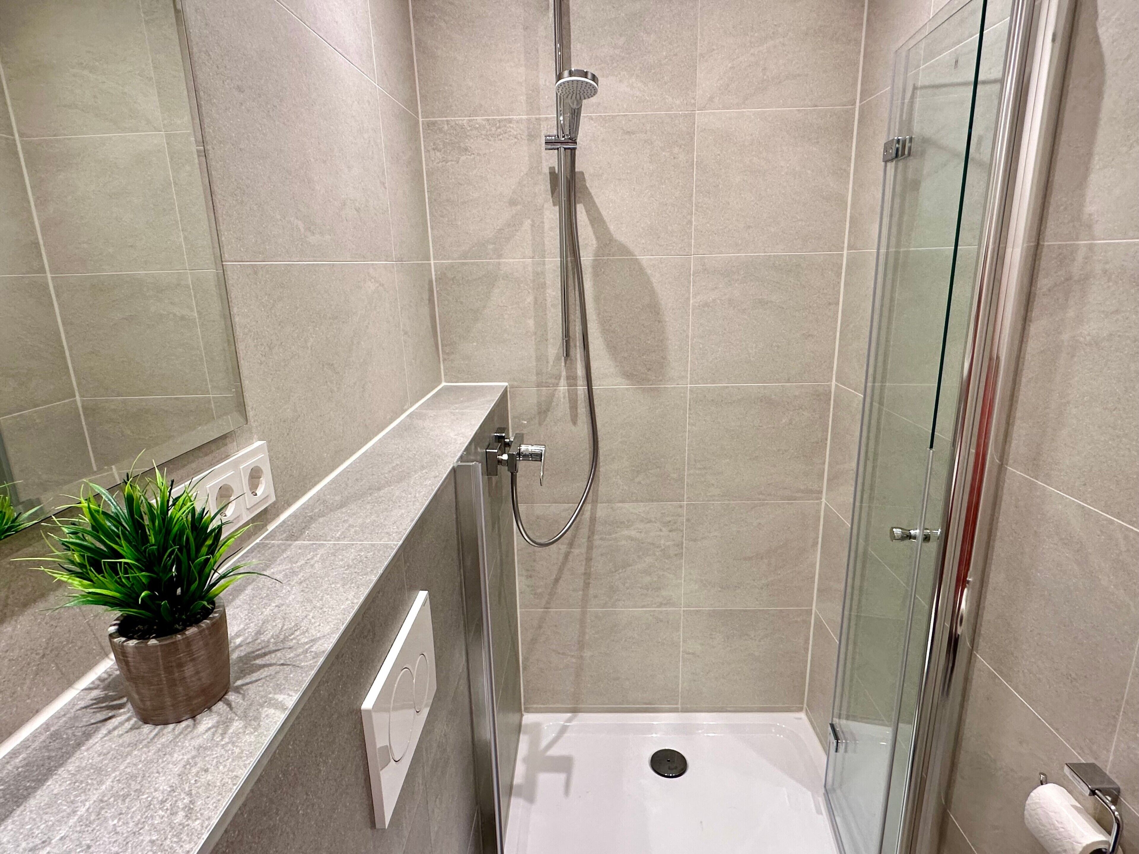 Shower, hair dryer, towels