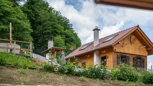 Een houten chalet met schuin dak, schoorsteen en omheind gazon.