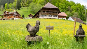 A rural setting with a large building, a rooster statue, and a signpost in a field. - Holiday Apartment 'Bergblick' with Balcony (Wolfach-Kirnbach)