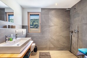 Shower, hair dryer, towels