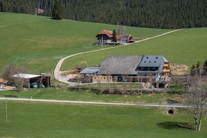 A large building with a sloped roof, surrounded by green fields and a forested hill.