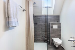 Shower, hair dryer, towels