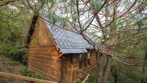 A wooden cabin with a sloped roof, surrounded by dense forest. - Alaya Stays Suro Woodcrest Chalet (Kandaghat)