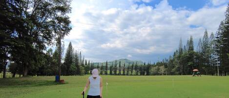 A golf course with a person in a white top and black skirt holding a golf club, trees, and a clear sky.
