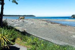 A rocky shoreline with a clear view of the ocean and a distant forested landmass. - Studio Escape: Pool, Beach & Pickleball (Nanoose Bay)