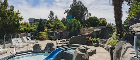 A swimming pool with a slide, surrounded by rocks and palm trees, with lounge chairs and a clear sky.