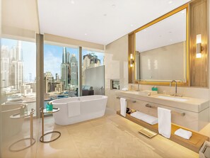 Hair dryer, bidet, towels, soap