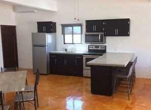 Frigorífico, microondas, horno y placa de cocina