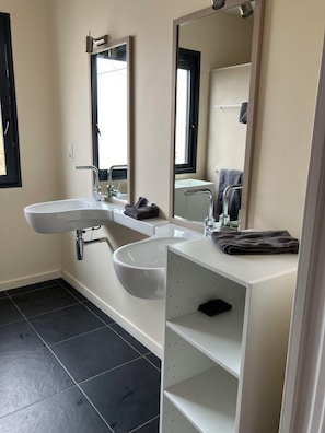 Shower, hair dryer, towels, soap