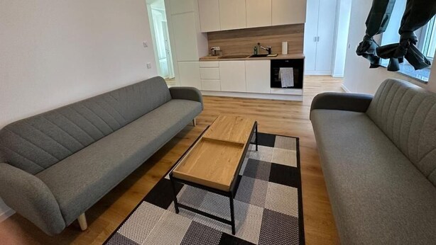 A modern living room with two grey sofas, a wooden coffee table, and a kitchen in the background. - Spacious vacation apartment in Dresden Neustadt - your stylish temporary home (Dresden)