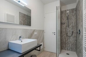 Shower, hair dryer, bidet, towels