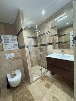 Shower, towels, toilet paper