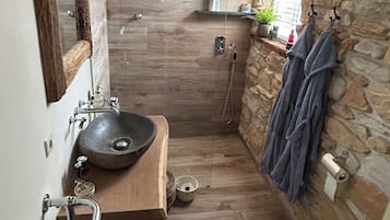 Hair dryer, towels, soap, toilet paper