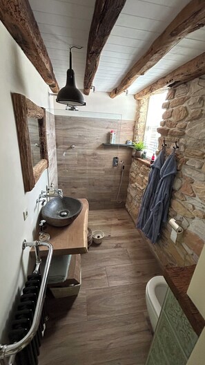 Hair dryer, towels, soap, toilet paper